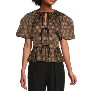 Antonio Melani Delphine Medallion Short Puff Sleeve Tie Front Ruffle Blouse